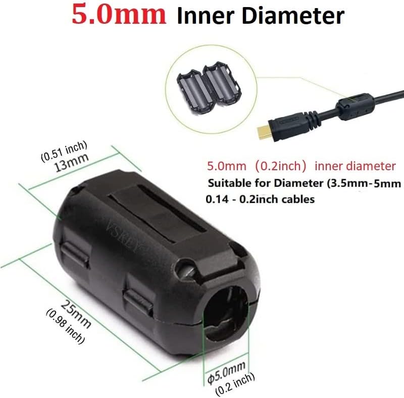VSKEY Clip-on Noise Filter,[10pcs 5mm] Anti-interference High-Frequency Ferrite Core Choke Cable Clip for Home Audio System,Tvs,Speakers,Radio,Audio Equipment Noise Suppressor (0.2 inch inner diameter) - Image 2